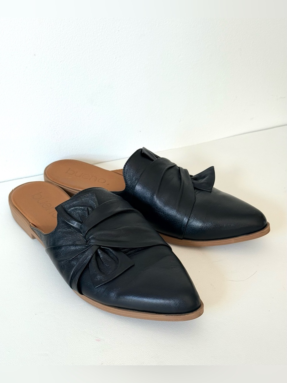 Bueno Black Leather Knot-Front Pointed Toe Slip-On Mules